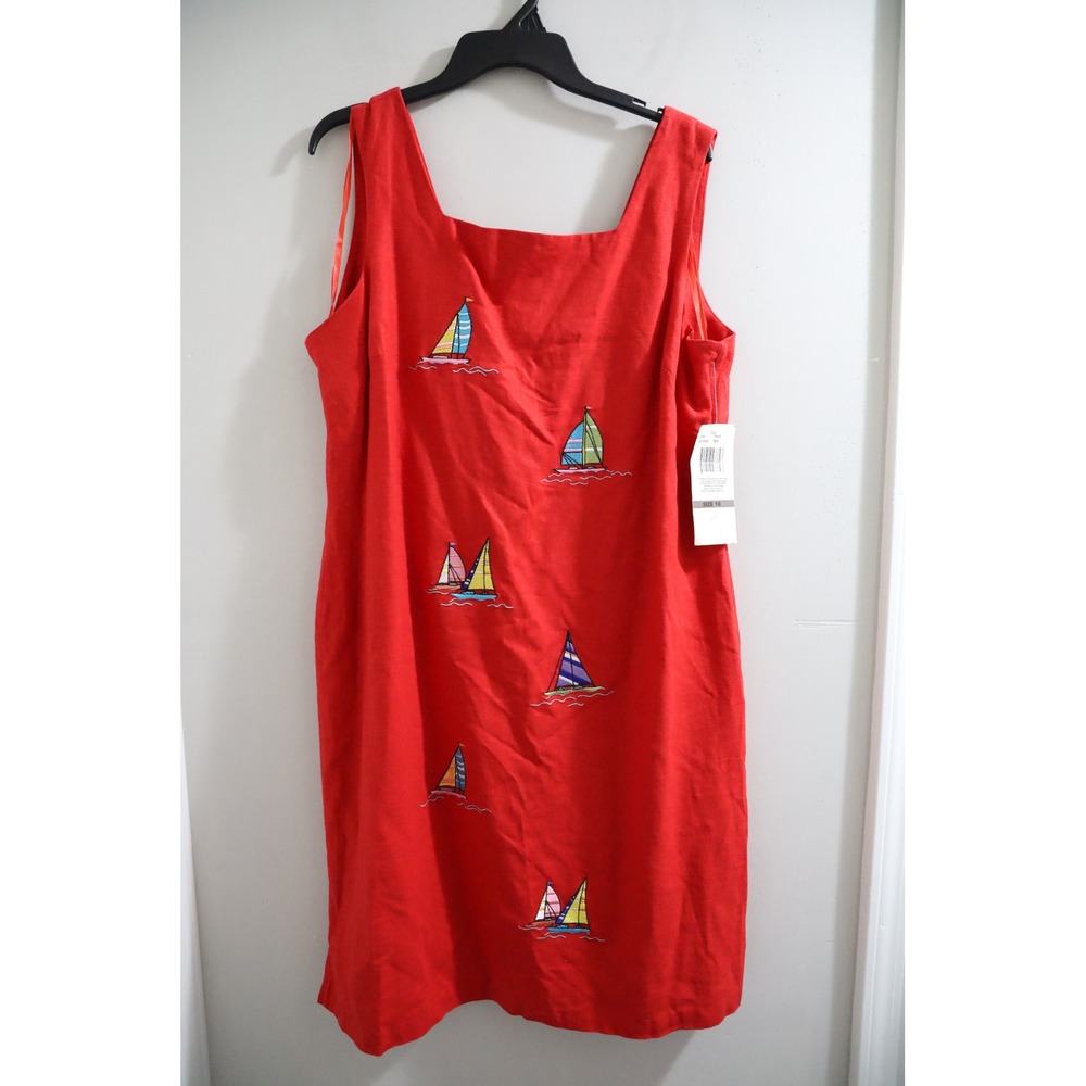 Ultra Dress New York Red Linen Blend Sailboat Embroidered Shift Dress Size 18